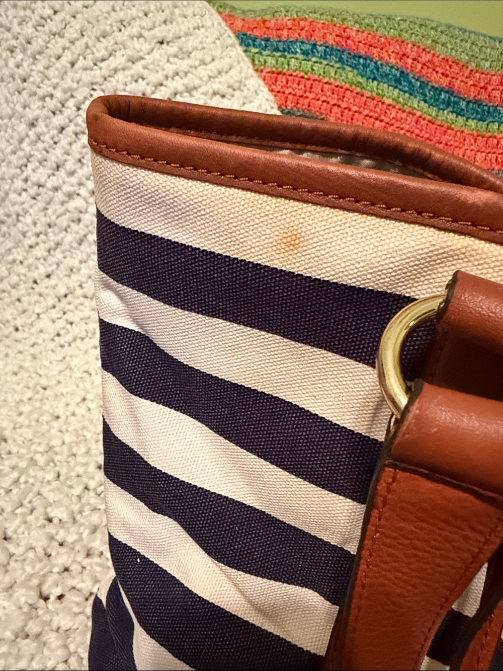 Michael Kors Navy and White Striped Tote with Brown Trim - Picture 4 of 8